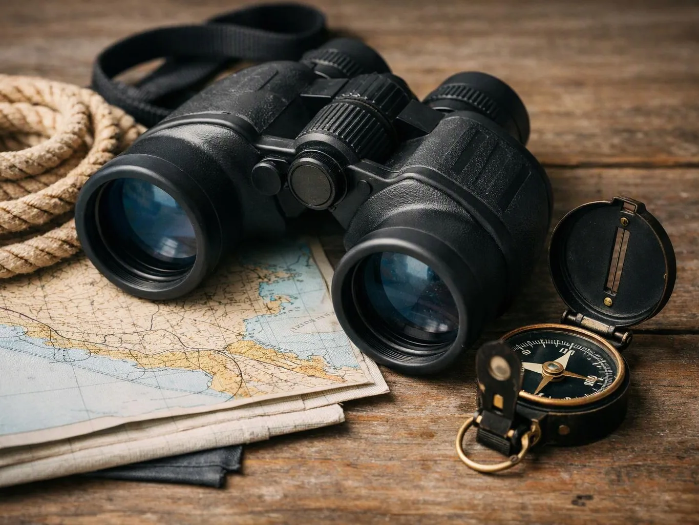 Binoculars, a compass, a rope, and a folded map rest on a wooden table