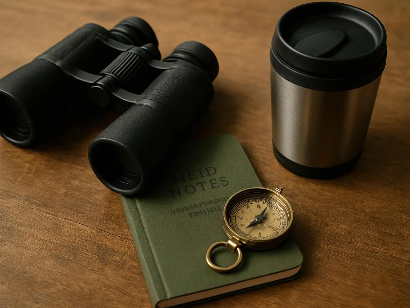Binoculars, a travel mug, a notebook, and a compass sit on a wooden table