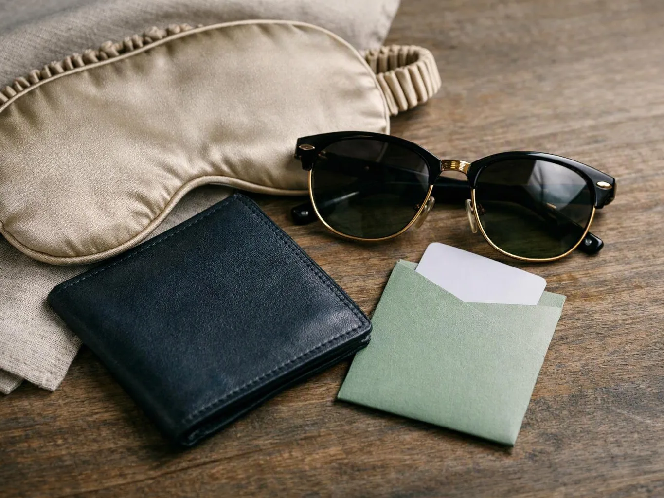 Black sunglasses, a leather wallet, and a small envelope rest on a wooden surface beside a beige sleep mask