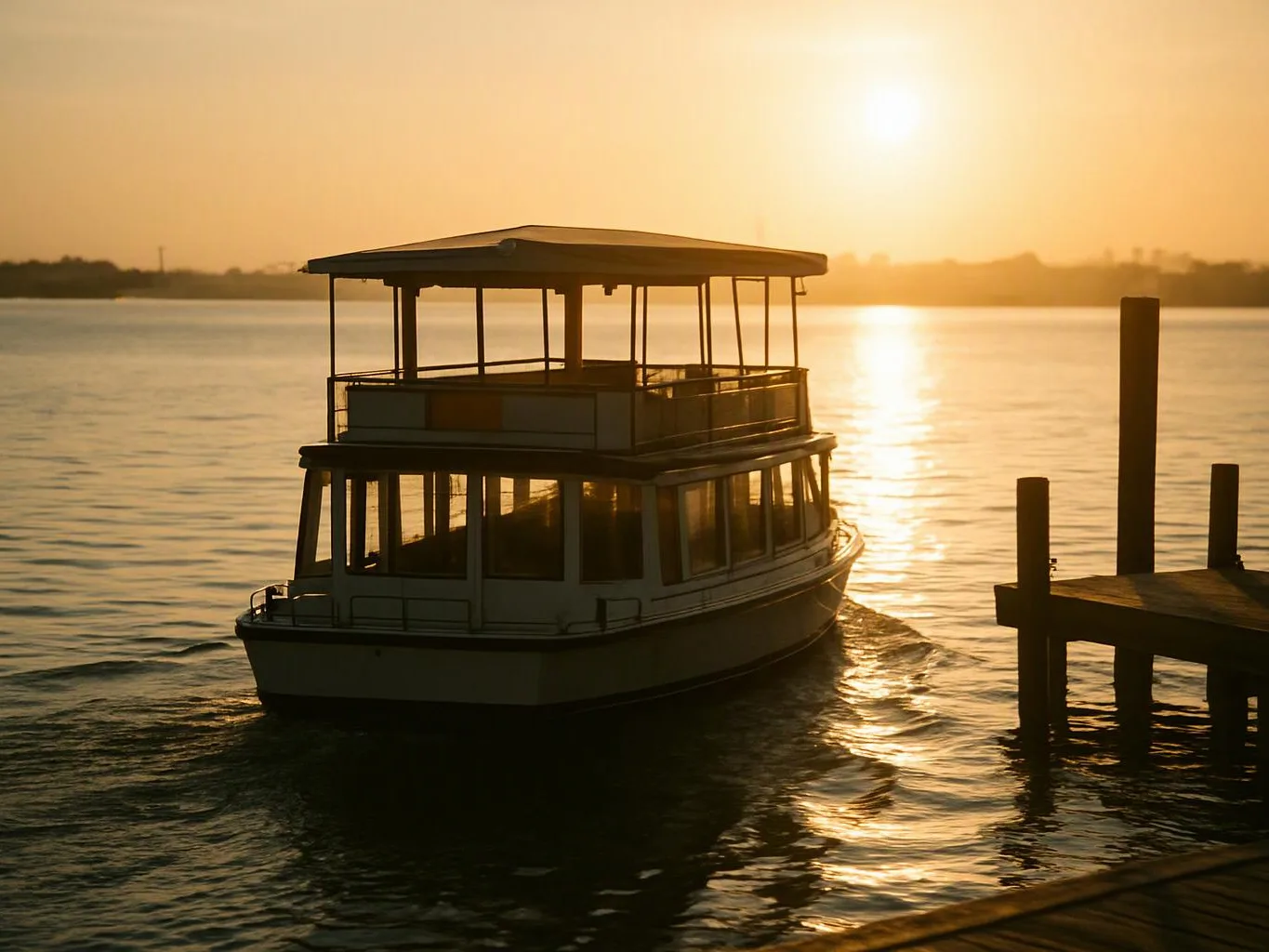 A boat glides across calm water at sunset beside a wooden dock