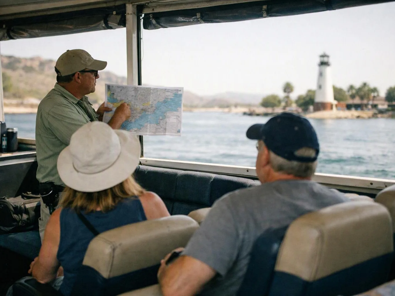 A boat guide points to a map while passengers watch a lighthouse across the water