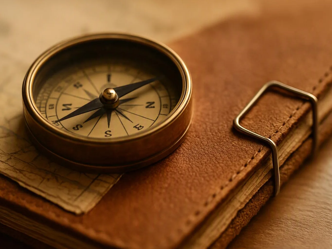 A brass compass rests on a brown leather notebook, with a folded map peeking out beneath it