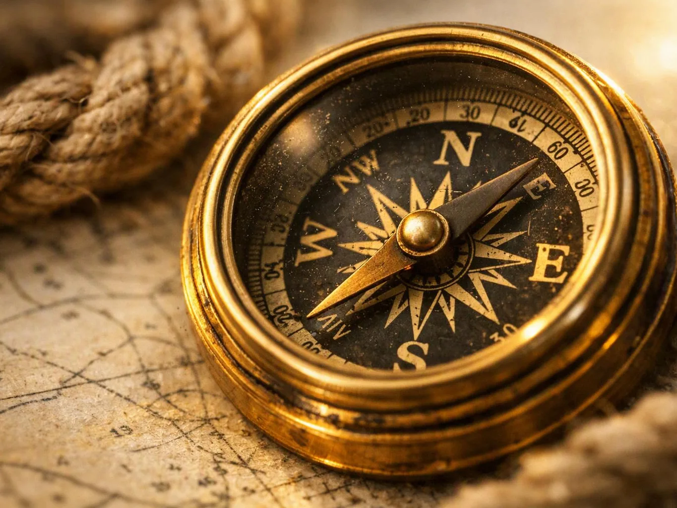 A brass compass rests on an old map beside a coiled rope