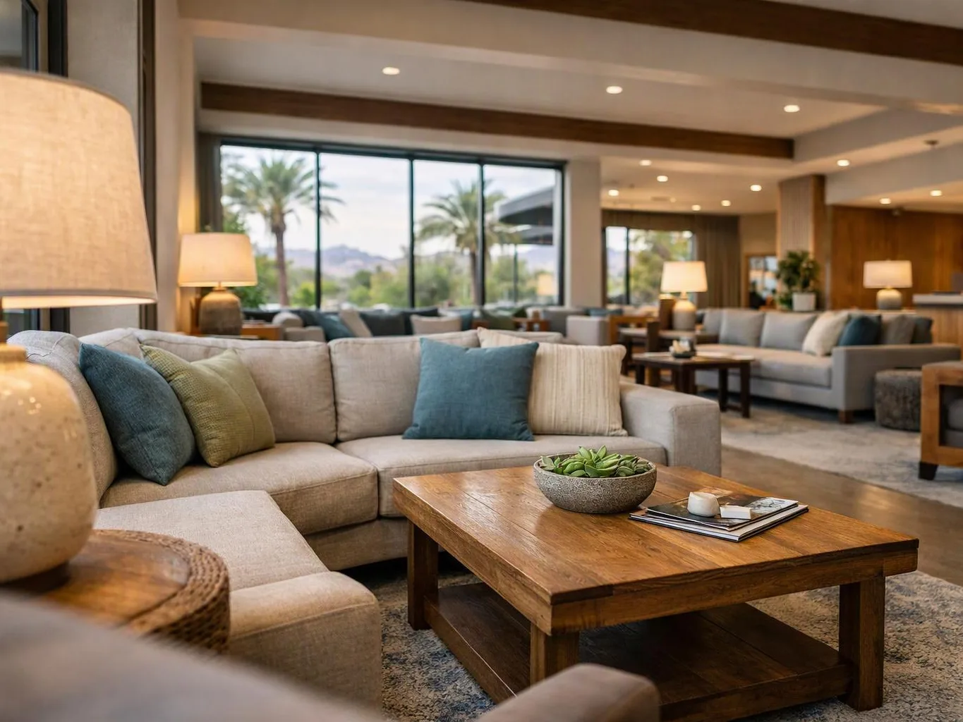 A bright lounge shows beige sofas, wooden tables, lamps, and large windows with palm trees outside