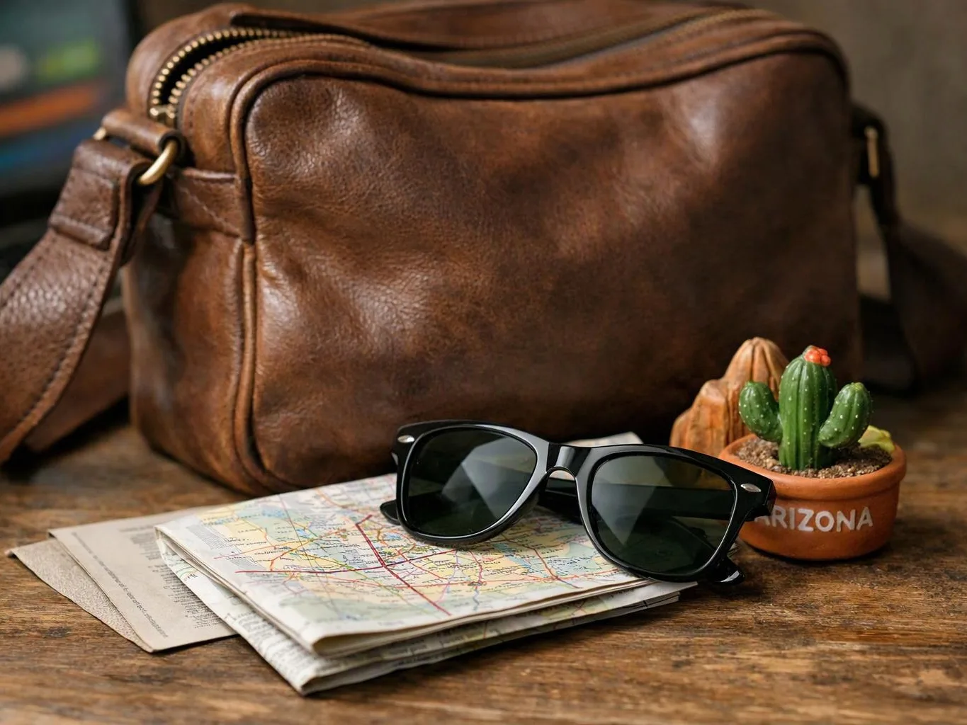 A brown leather bag sits behind folded maps, black sunglasses, and a small cactus pot on a wooden table
