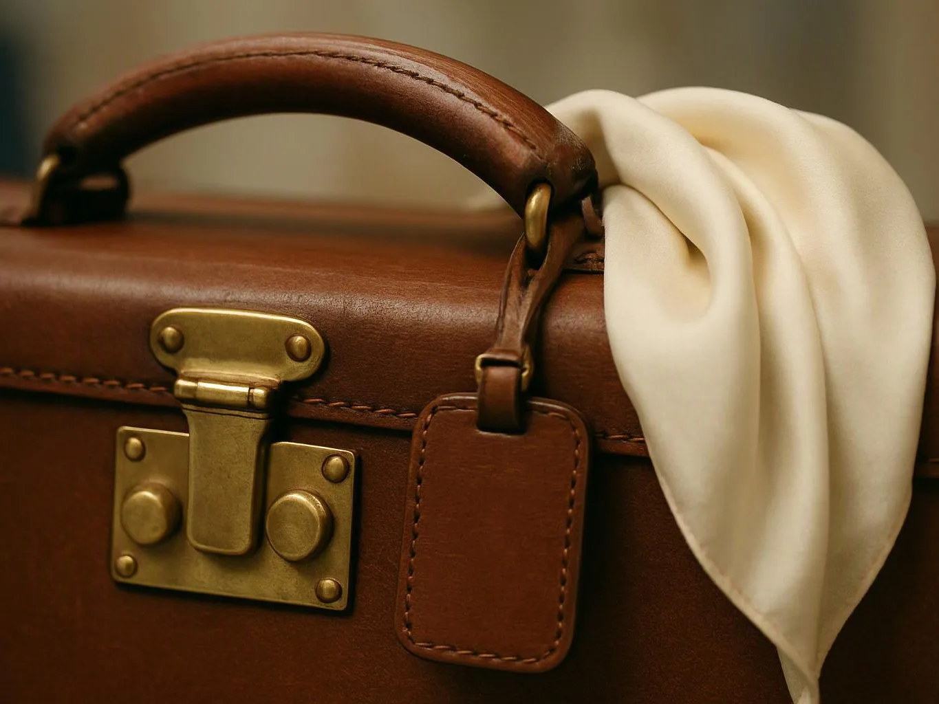 A brown leather suitcase with a brass latch and white cloth draped over the handle sits against a plain background