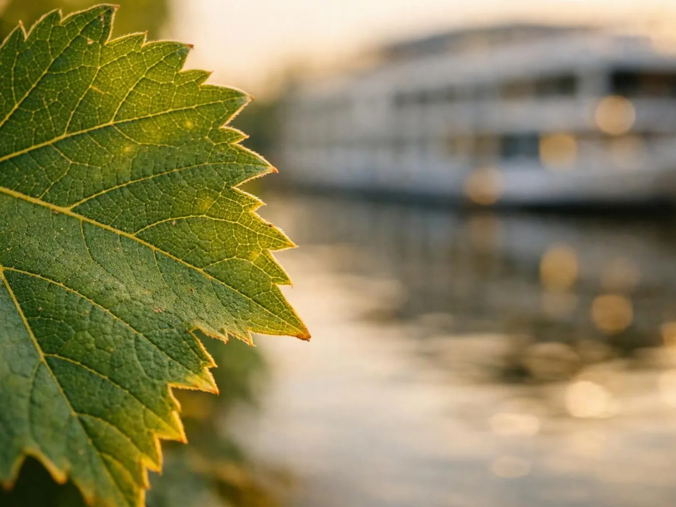 Close-up of a green leaf in sunlight, with a blurred building and water in the background