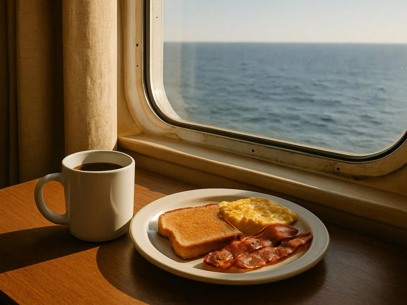 A coffee mug and breakfast plate sit by a window overlooking the calm ocean