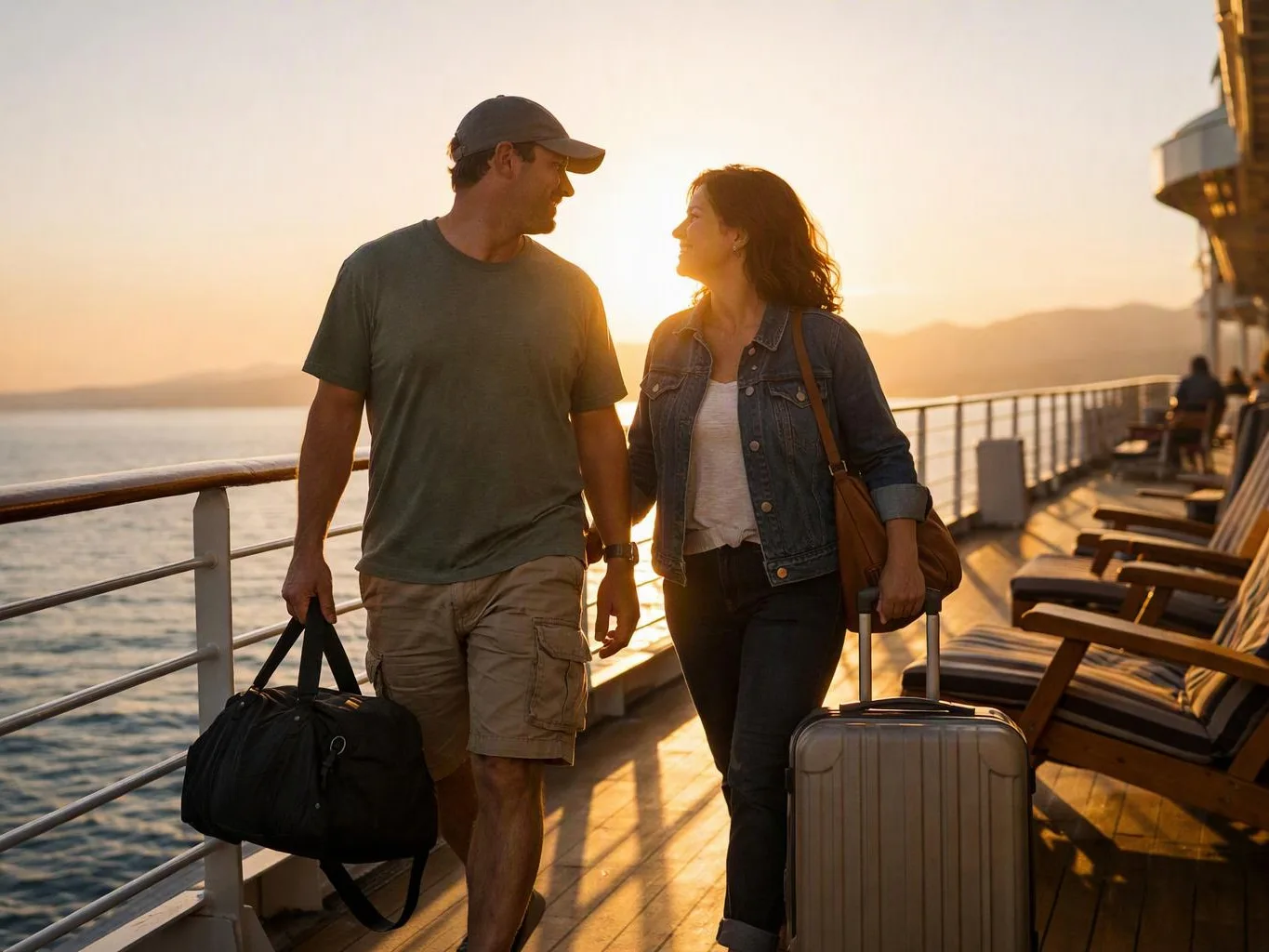 A couple walks along a ship deck at sunset, carrying bags and a rolling suitcase