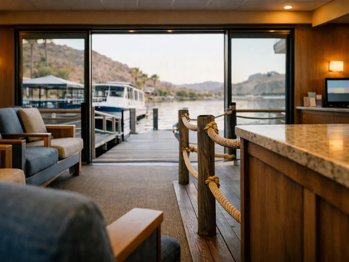 A cozy lakeside lounge opens to a dock with a boat and mountain water view