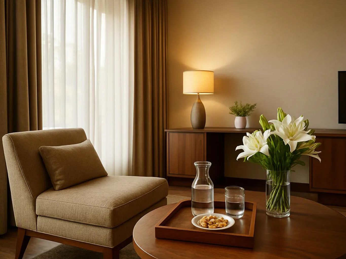 A cozy living room shows a beige chair, a lamp, a wooden table with flowers, water, and nuts
