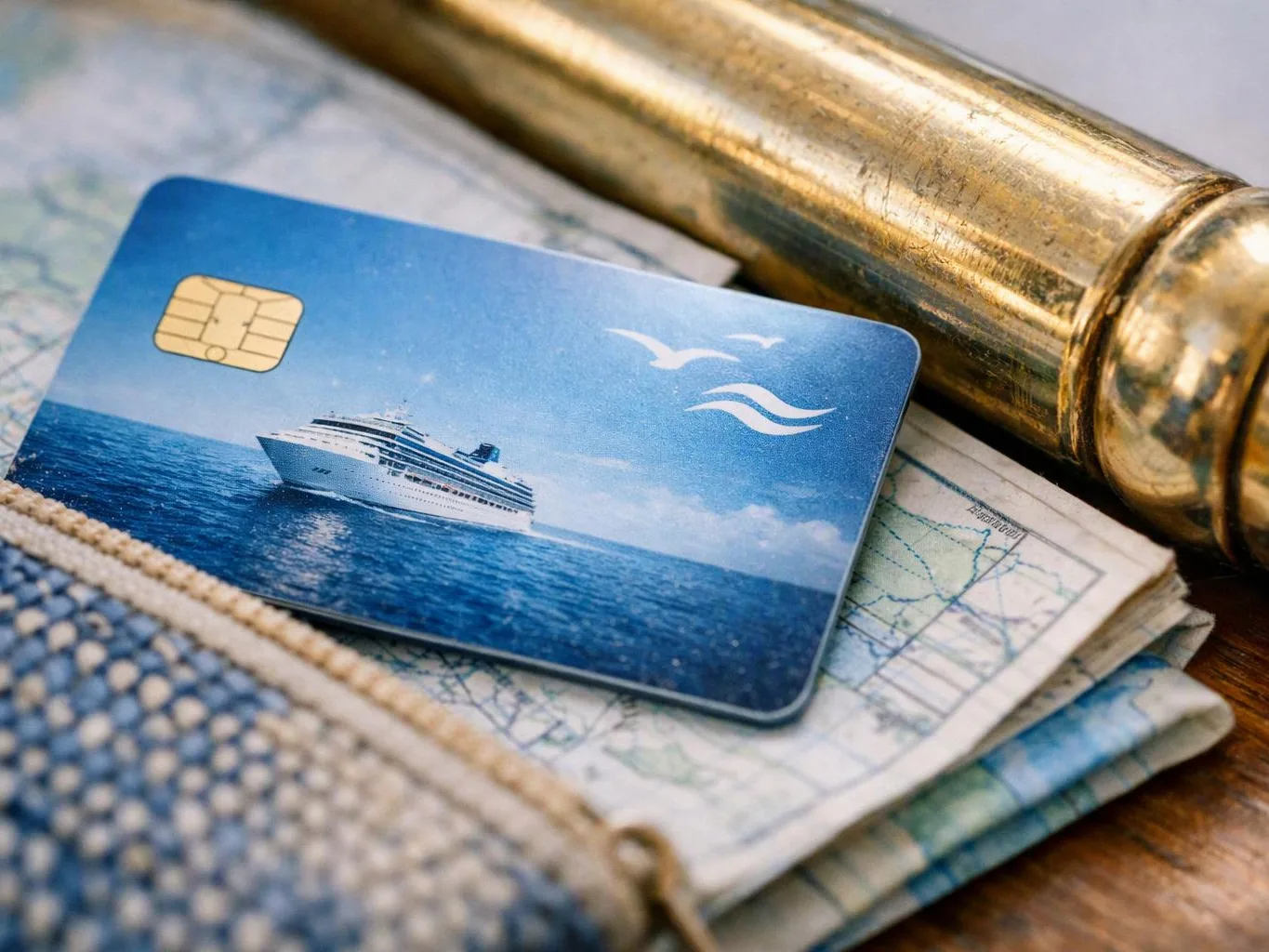 A cruise card rests on folded maps beside a brass telescope and a woven pouch