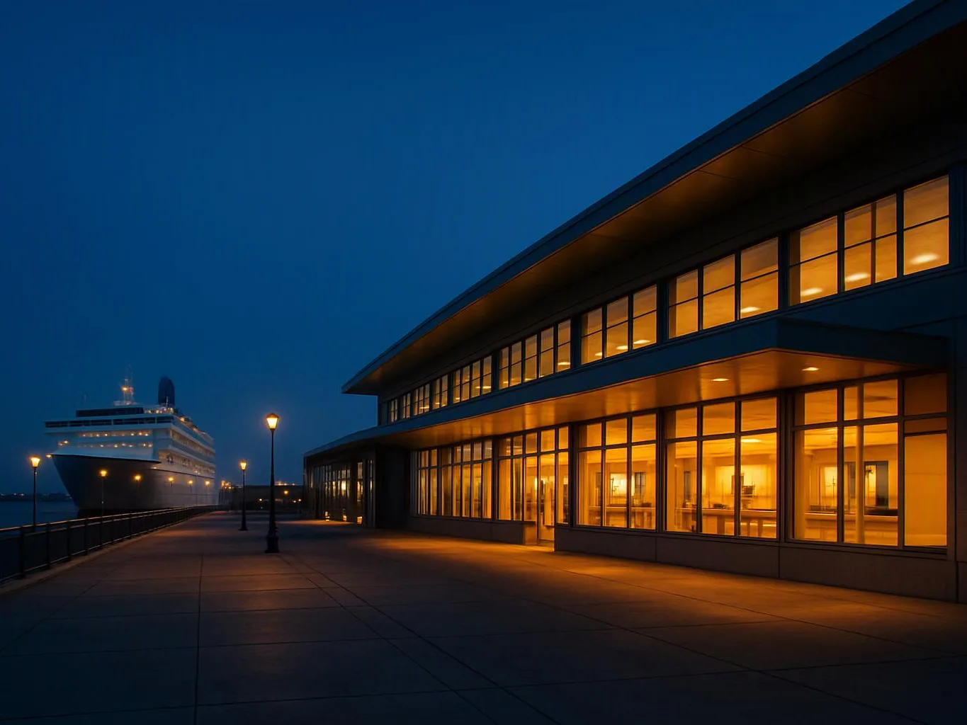 A cruise ship sits beside a glowing waterfront building at dusk under a deep blue sky