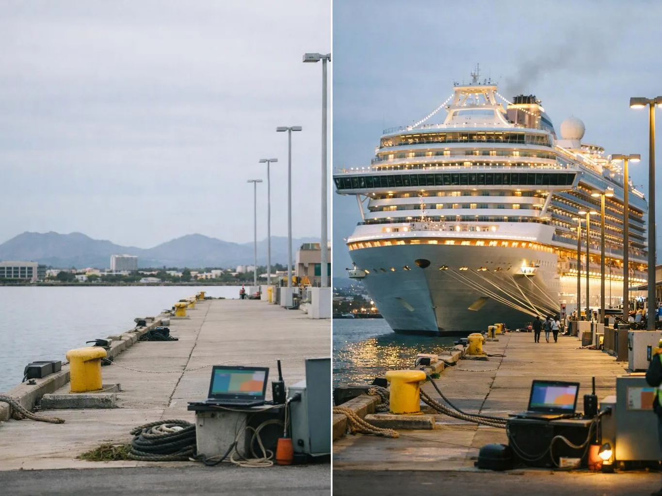 A dock with a large cruise ship tied up beside it, shown empty on the left and lit at dusk on the right