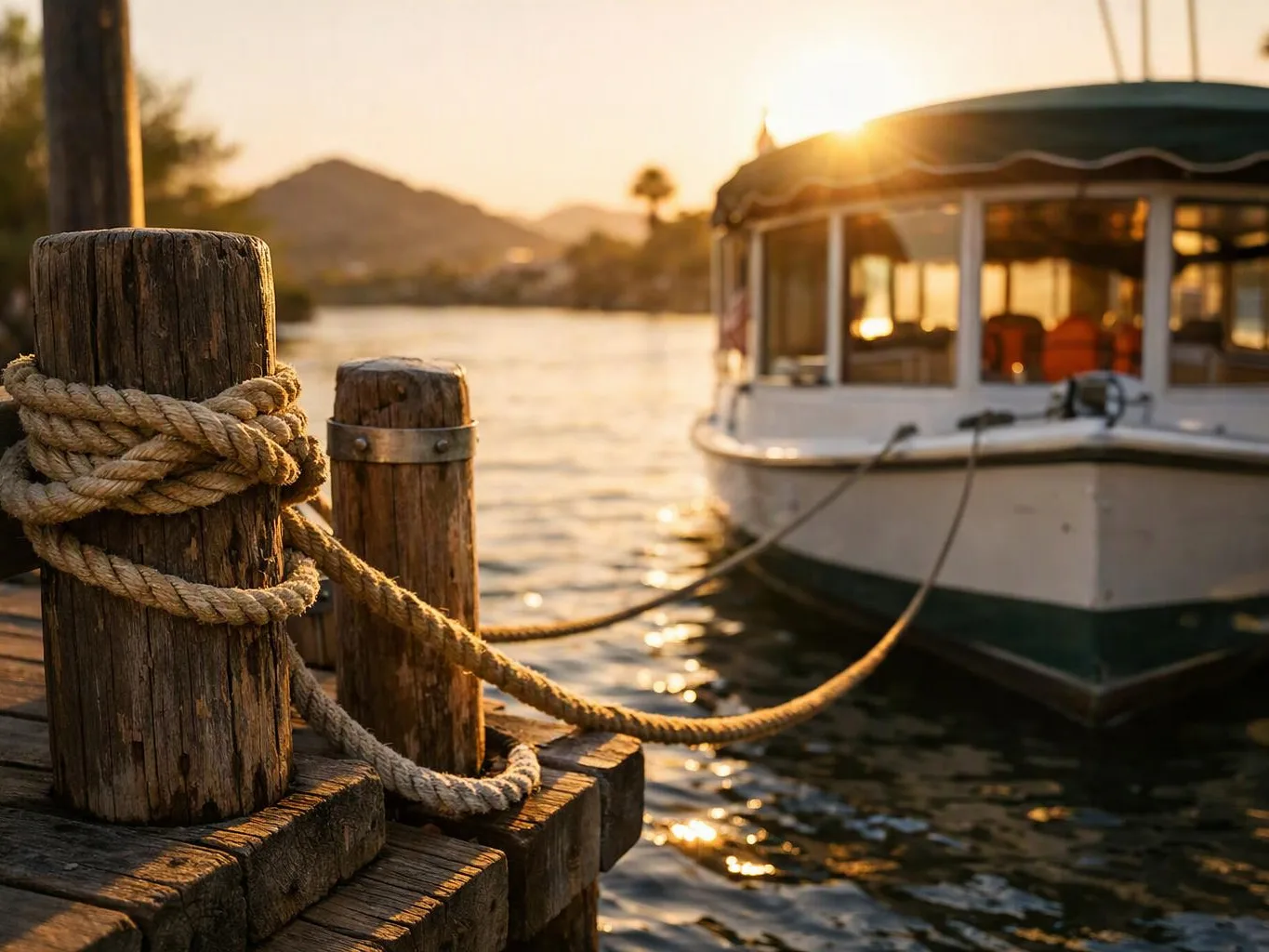 A docked boat glows at sunset, while thick ropes tie around weathered wooden posts beside the water