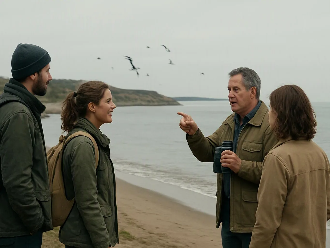 Four people stand talking on a cloudy beach, with one man pointing toward the water and birds overhead