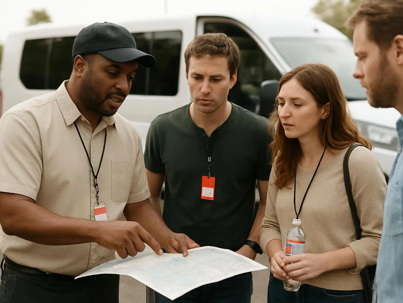 Four people study a paper map together beside a white van outdoors