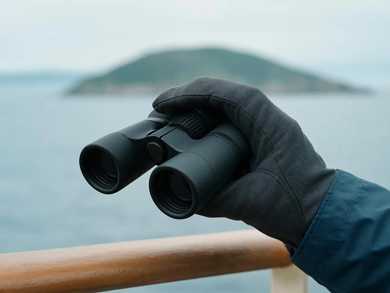 A gloved hand holds black binoculars over a boat railing, with a blurred island and calm water behind