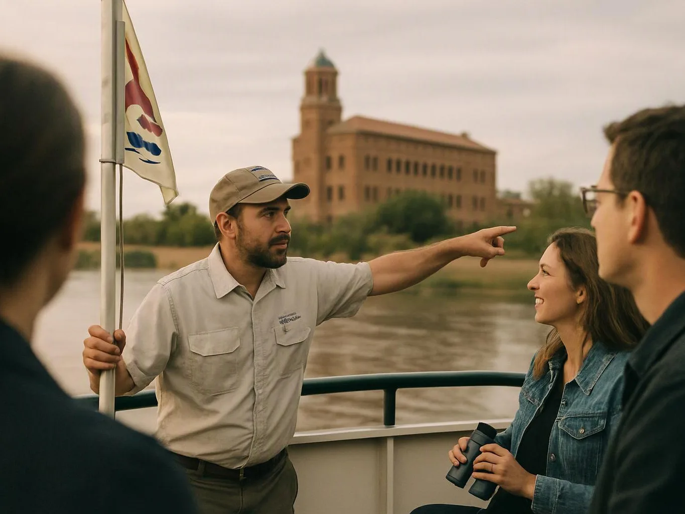 A guide on a boat points across the river while holding a flag beside two visitors listening