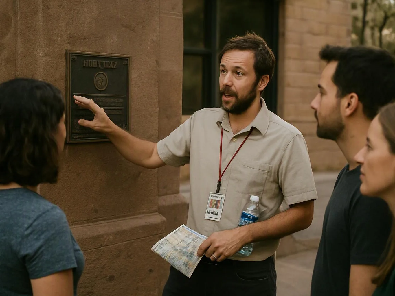 A guide points at a plaque on a stone wall while speaking to a small group outdoors