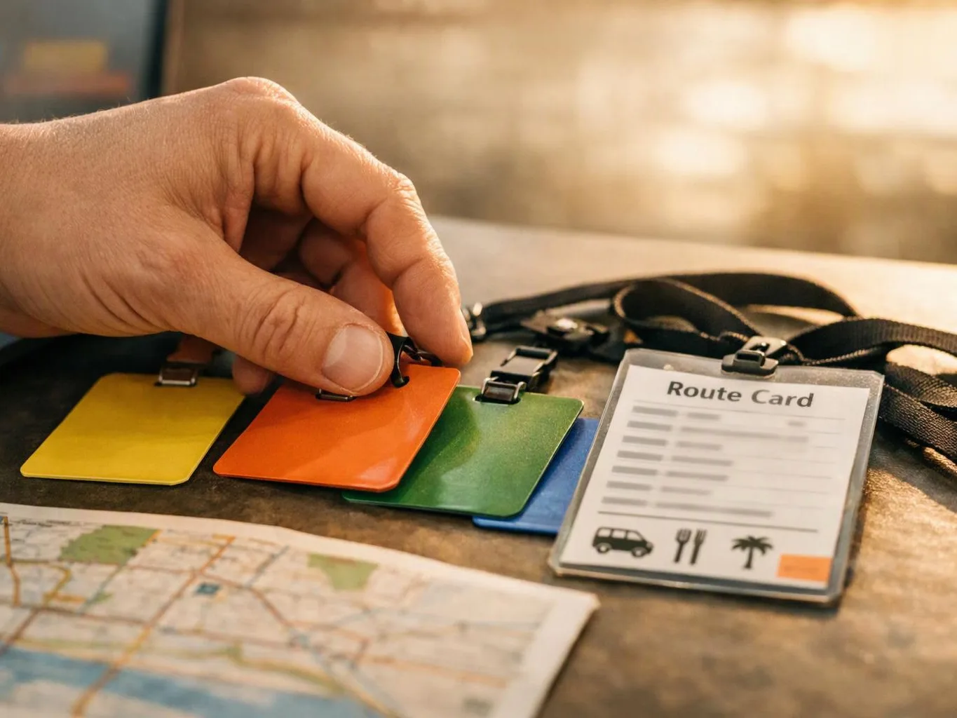 A hand adjusts colorful luggage tags beside a route card and a folded map on a table