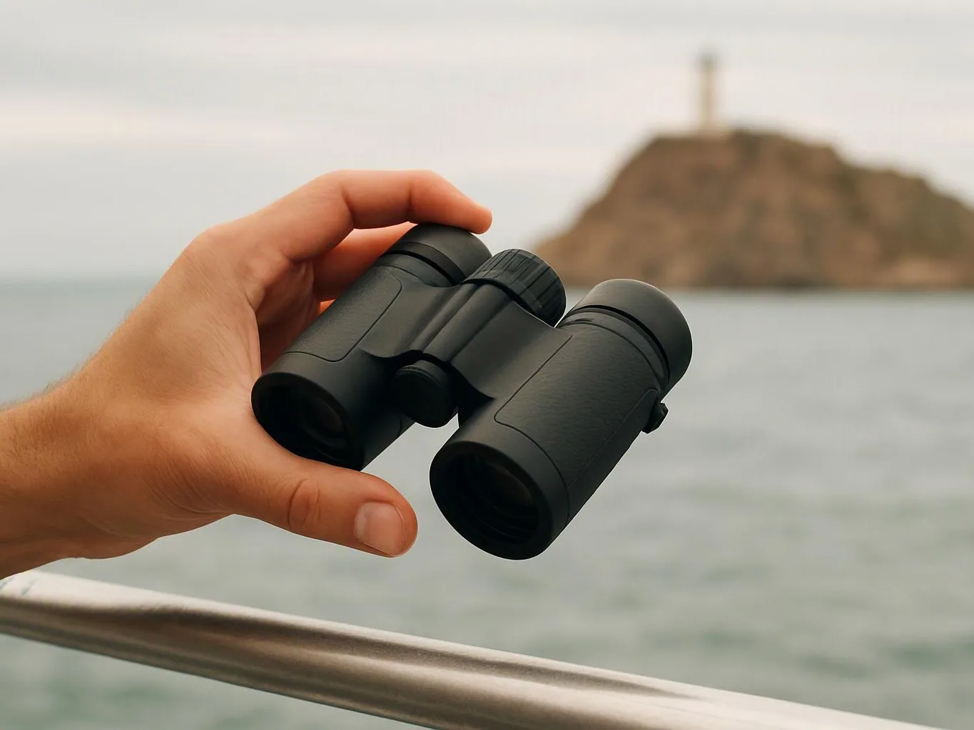 A hand holds black binoculars beside a boat railing, with a rocky island and lighthouse blurred in the background
