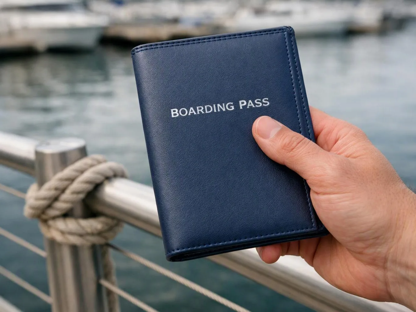 A hand holds a blue boarding pass holder beside a rope rail and water in the background