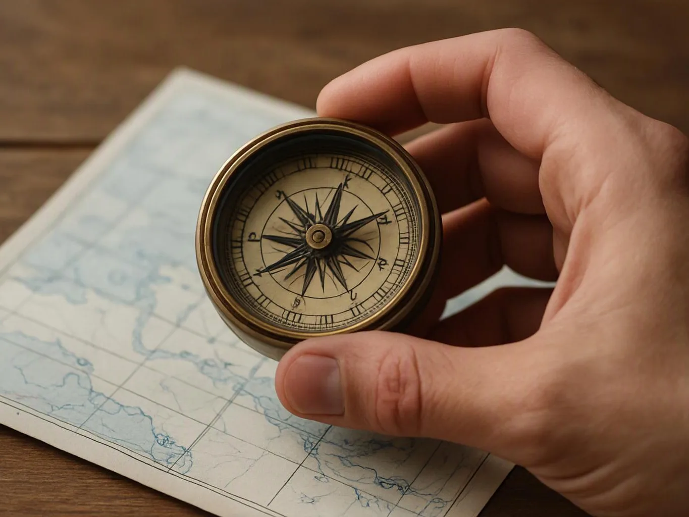 A hand holds a brass compass over a folded map on a wooden table