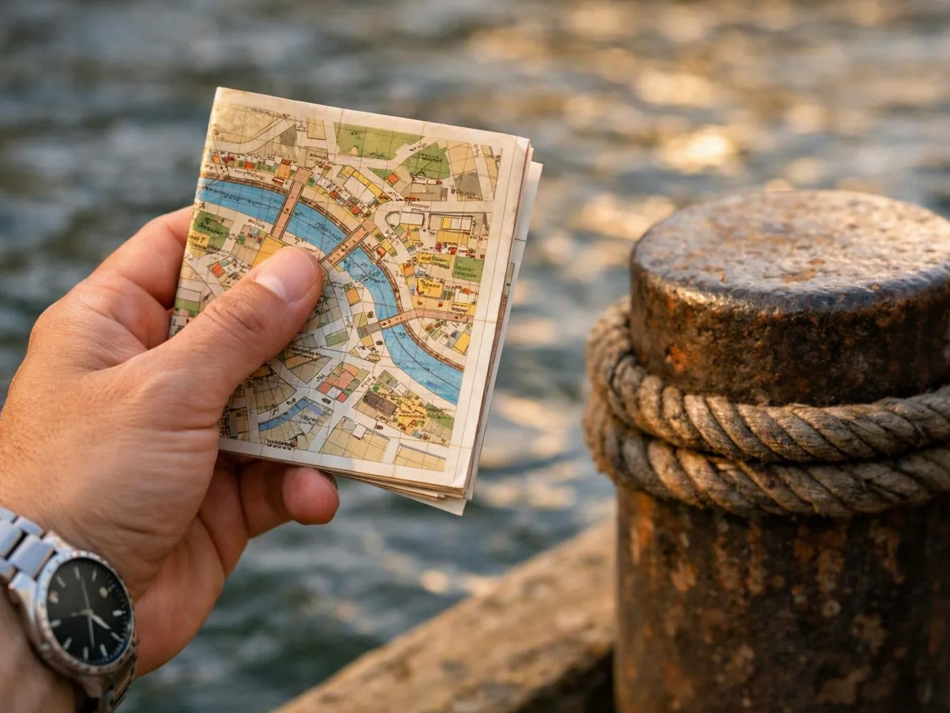 A hand holds a folded map beside a rope-wrapped mooring post by the water