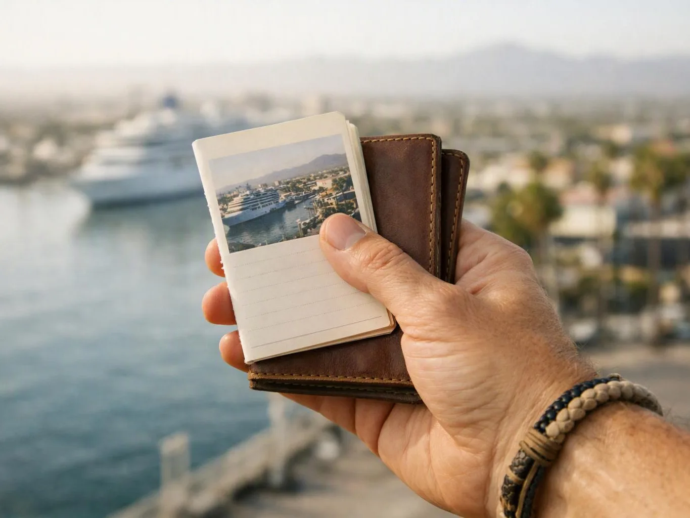 A hand holds a small photo card and brown wallet above a blurry marina and cruise ship view