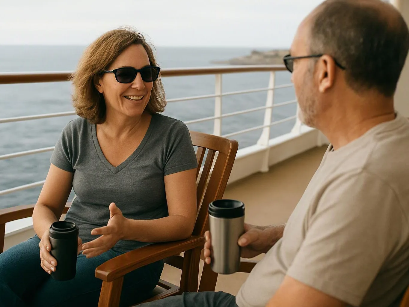 Two adults chat on a cruise balcony, each holding a travel mug, with the ocean behind them