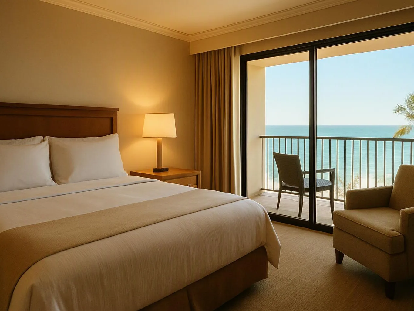 A hotel room with a bed and lamp opens to a balcony overlooking the ocean