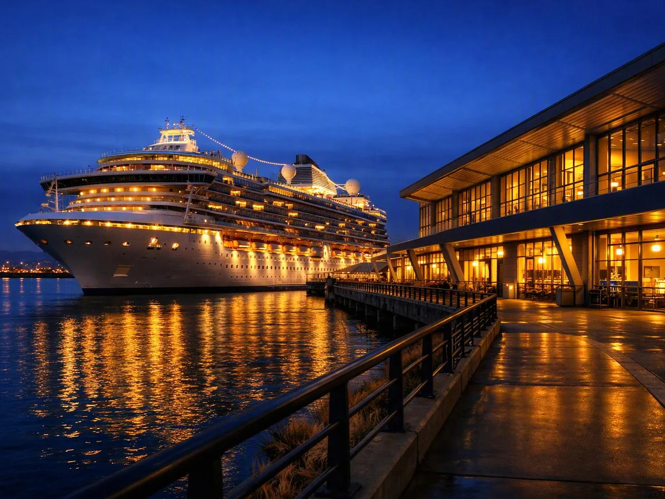 A large cruise ship glows beside a lit waterfront building at dusk, with calm water reflecting the lights