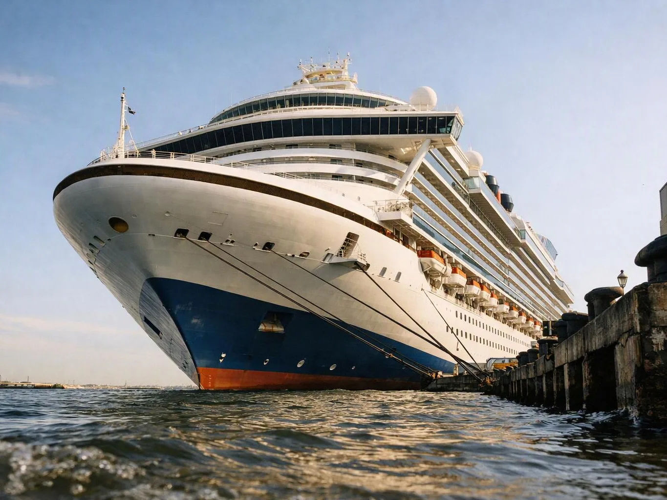 A large cruise ship is docked beside a pier on calm water under a clear sky