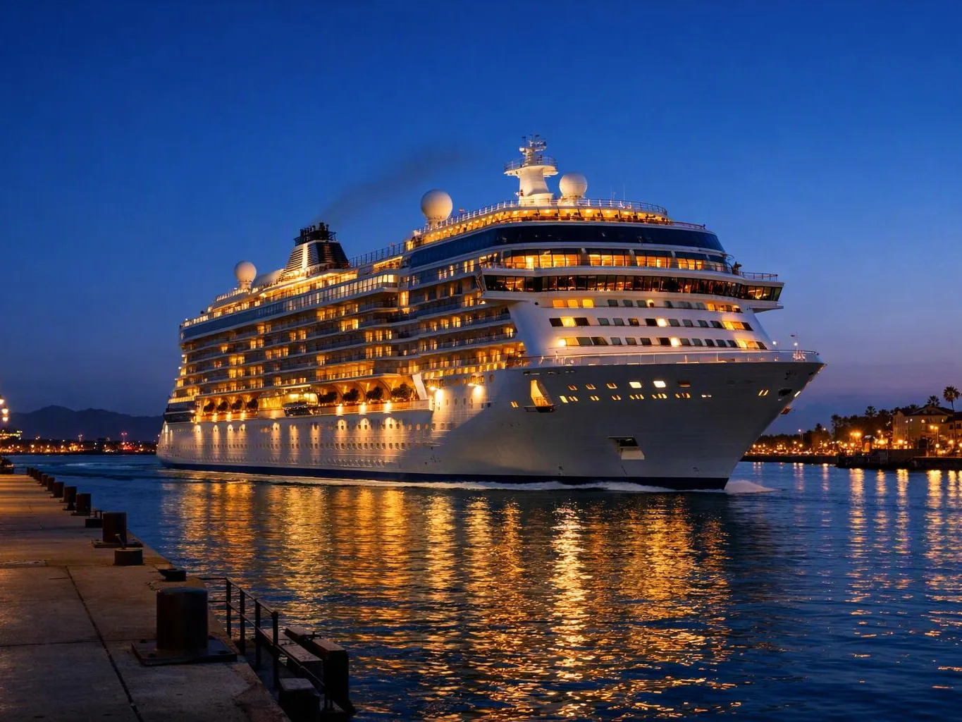 A large lit cruise ship glides past a harbor pier at dusk, reflecting on calm water