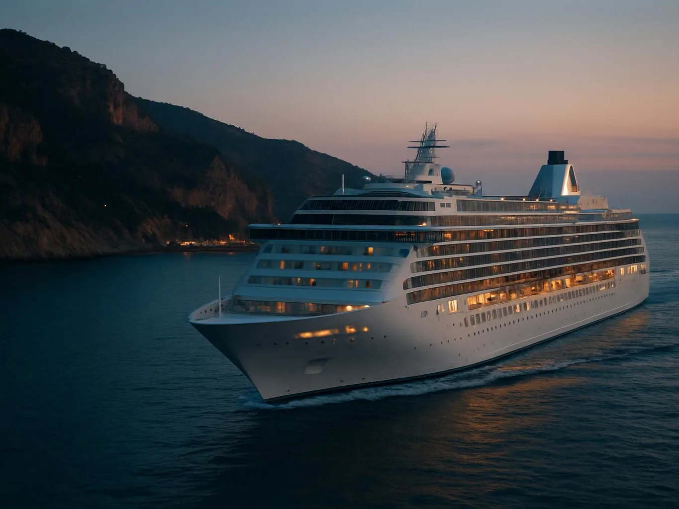 A large white cruise ship glides through calm water beside a dark rocky coastline at sunset