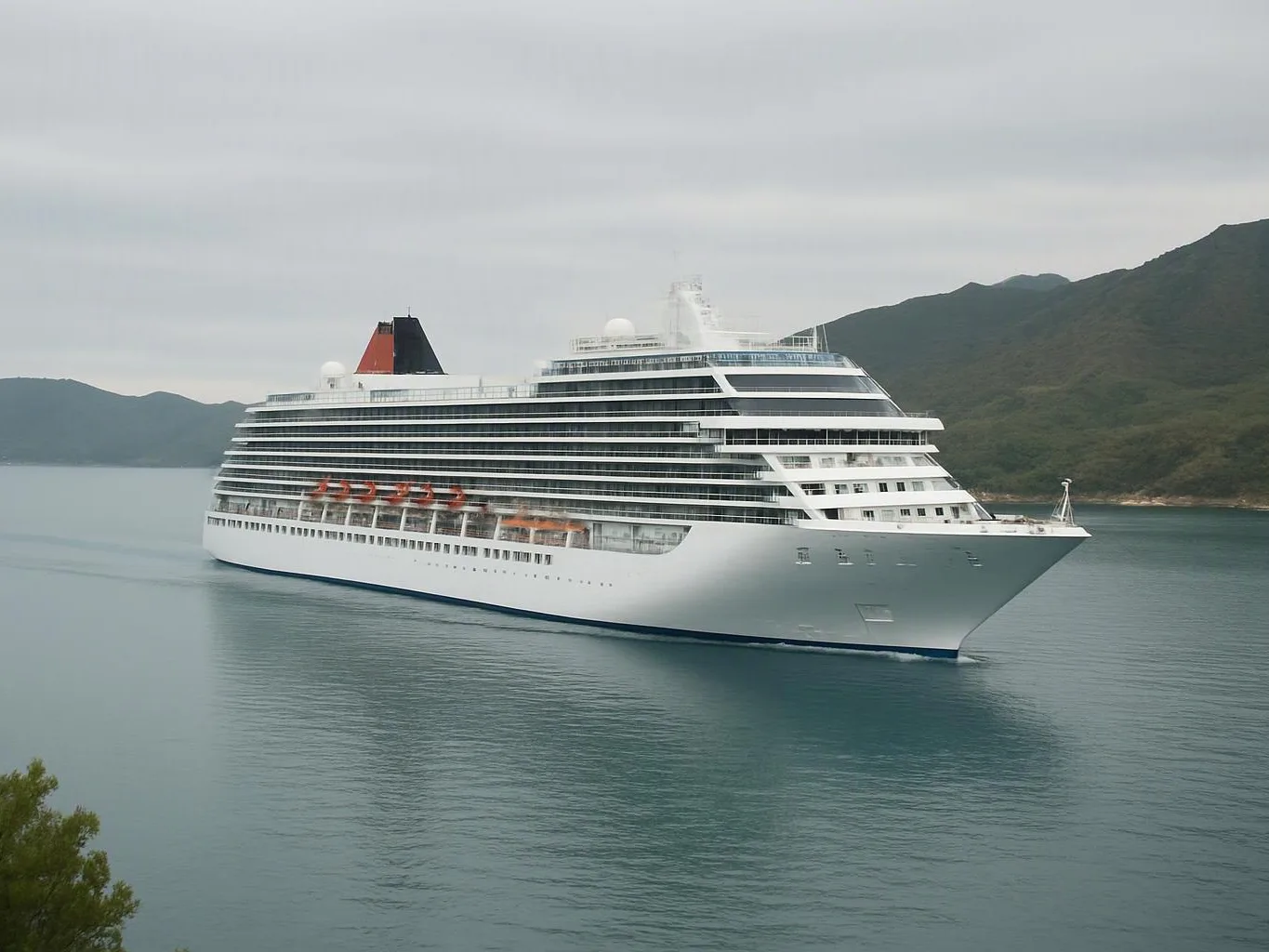A large white cruise ship sails on calm water beside green mountains under a cloudy sky