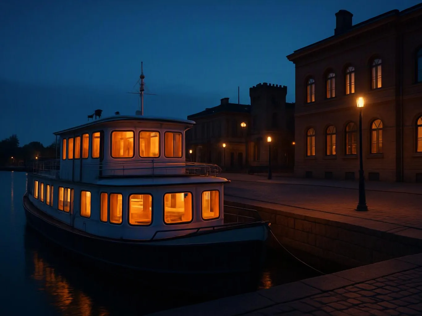 A lit boat is docked beside a quiet waterfront street at dusk