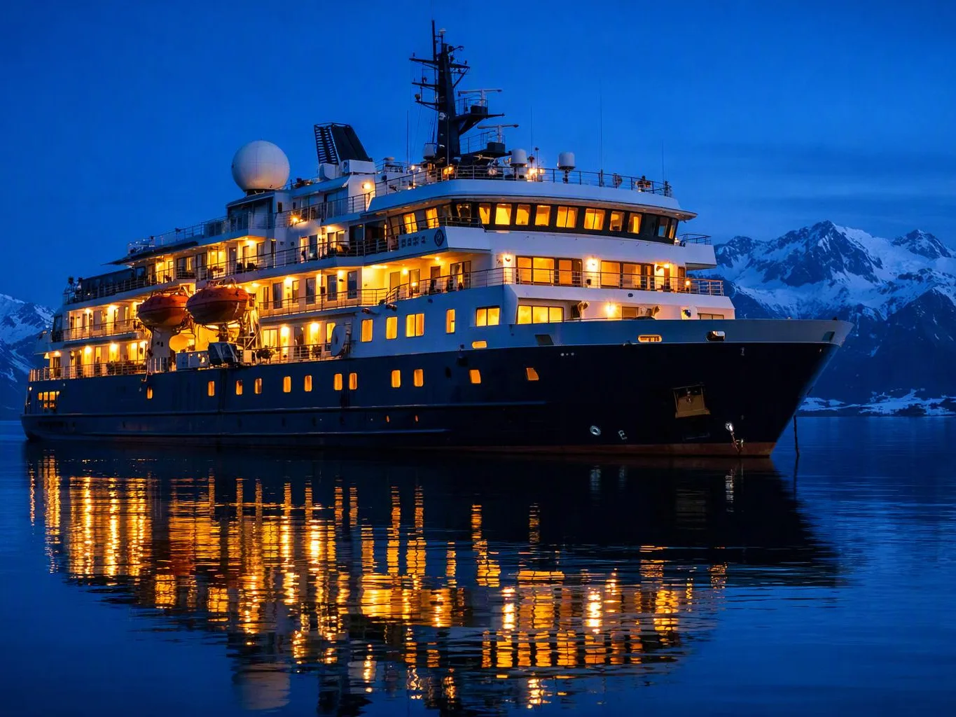 A lit cruise ship floats on calm water with snowy mountains in the background at dusk