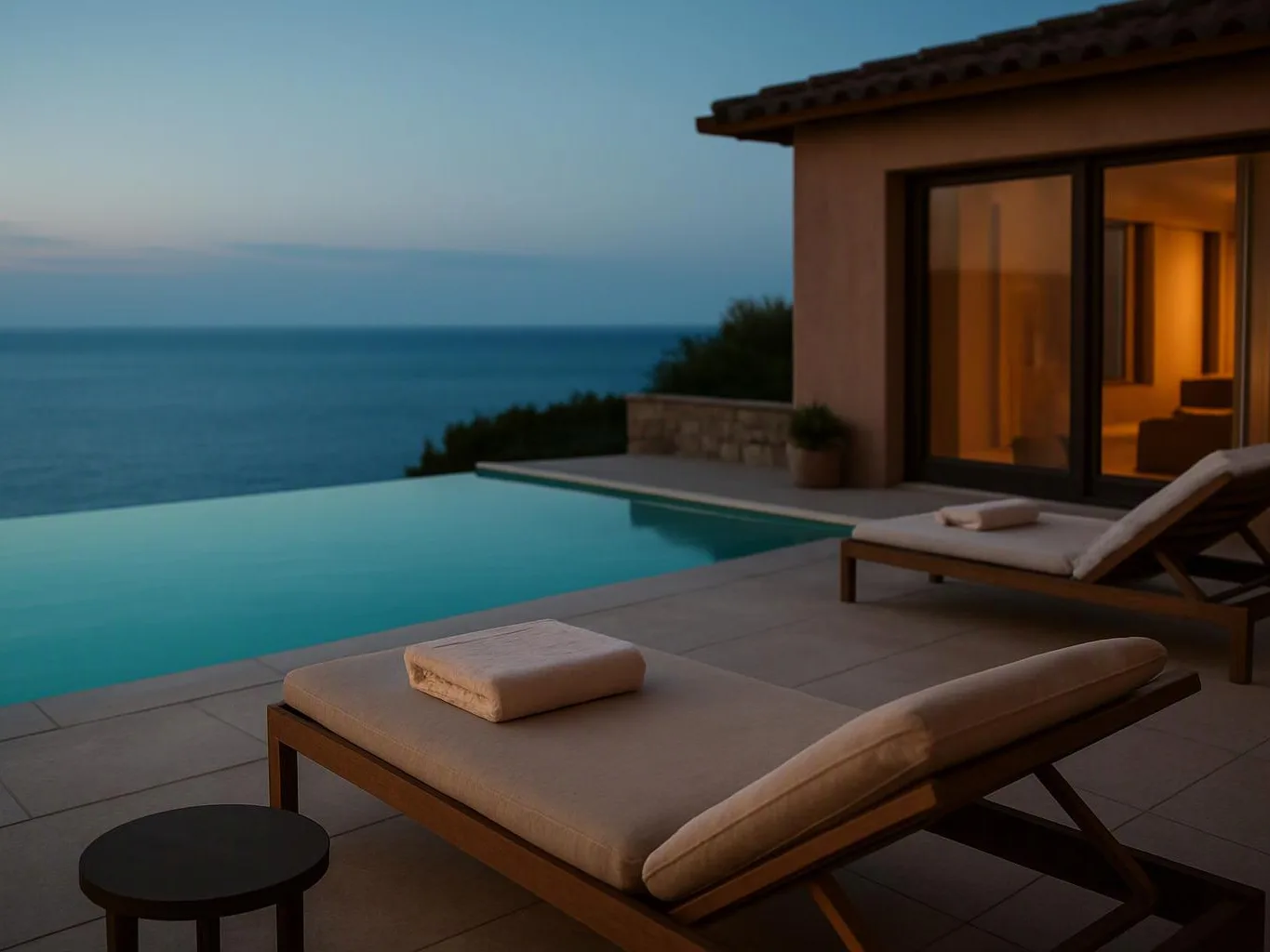 A lit poolside terrace overlooks the ocean beside a modern villa at dusk