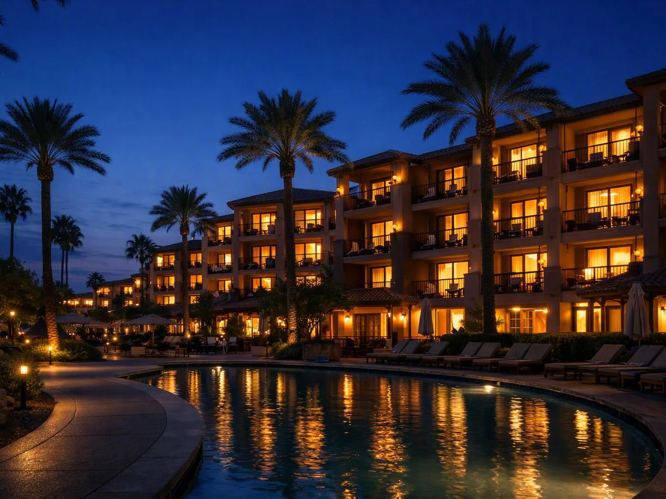 Lit resort buildings glow at night beside a curved pool with palm trees and lounge chairs