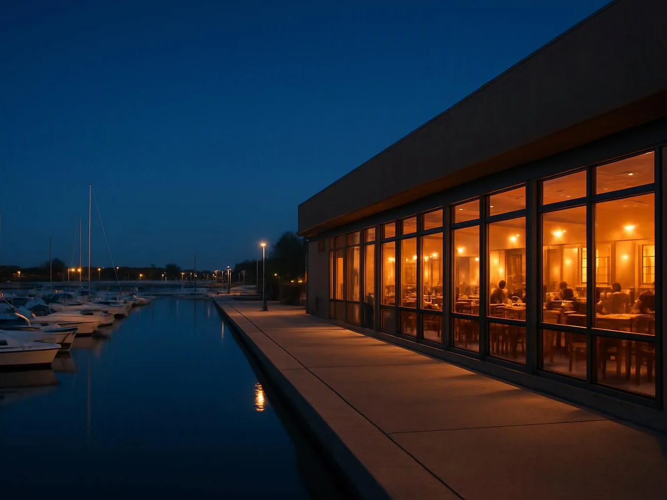 A lit waterfront building overlooks a marina with boats and a calm reflecting pool at dusk