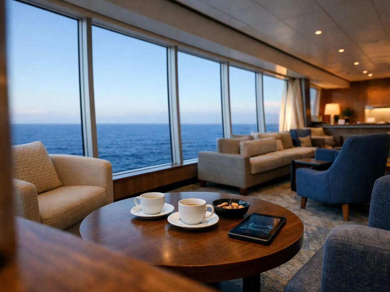 A lounge with ocean views shows two coffee cups, a snack bowl, and cushioned chairs around a wooden table