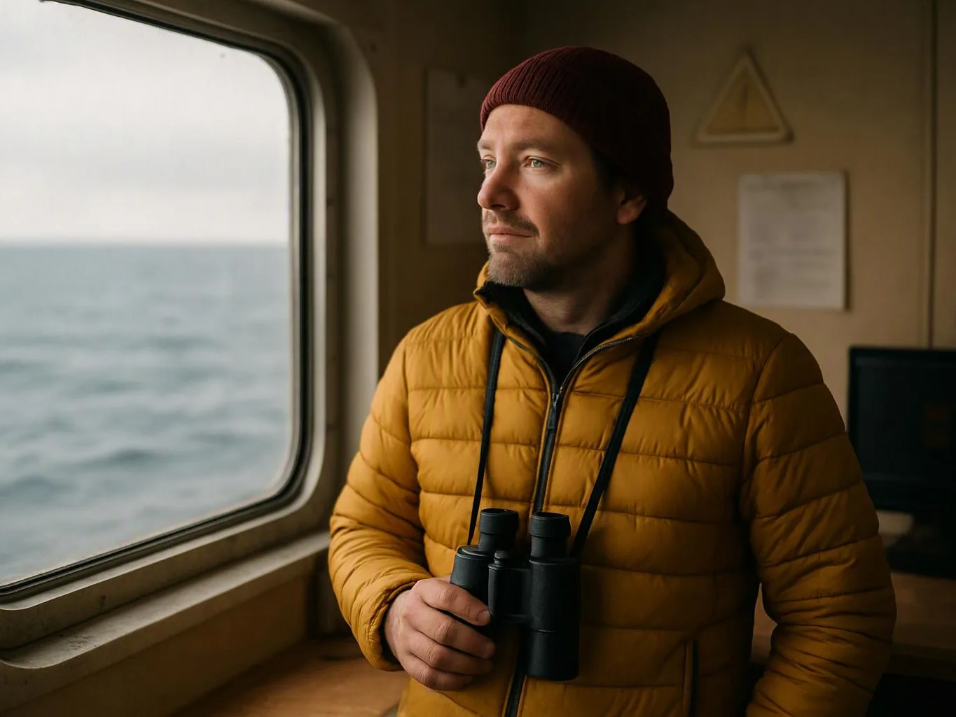 A man in a mustard jacket and knit cap holds binoculars and looks out a ship window at the sea