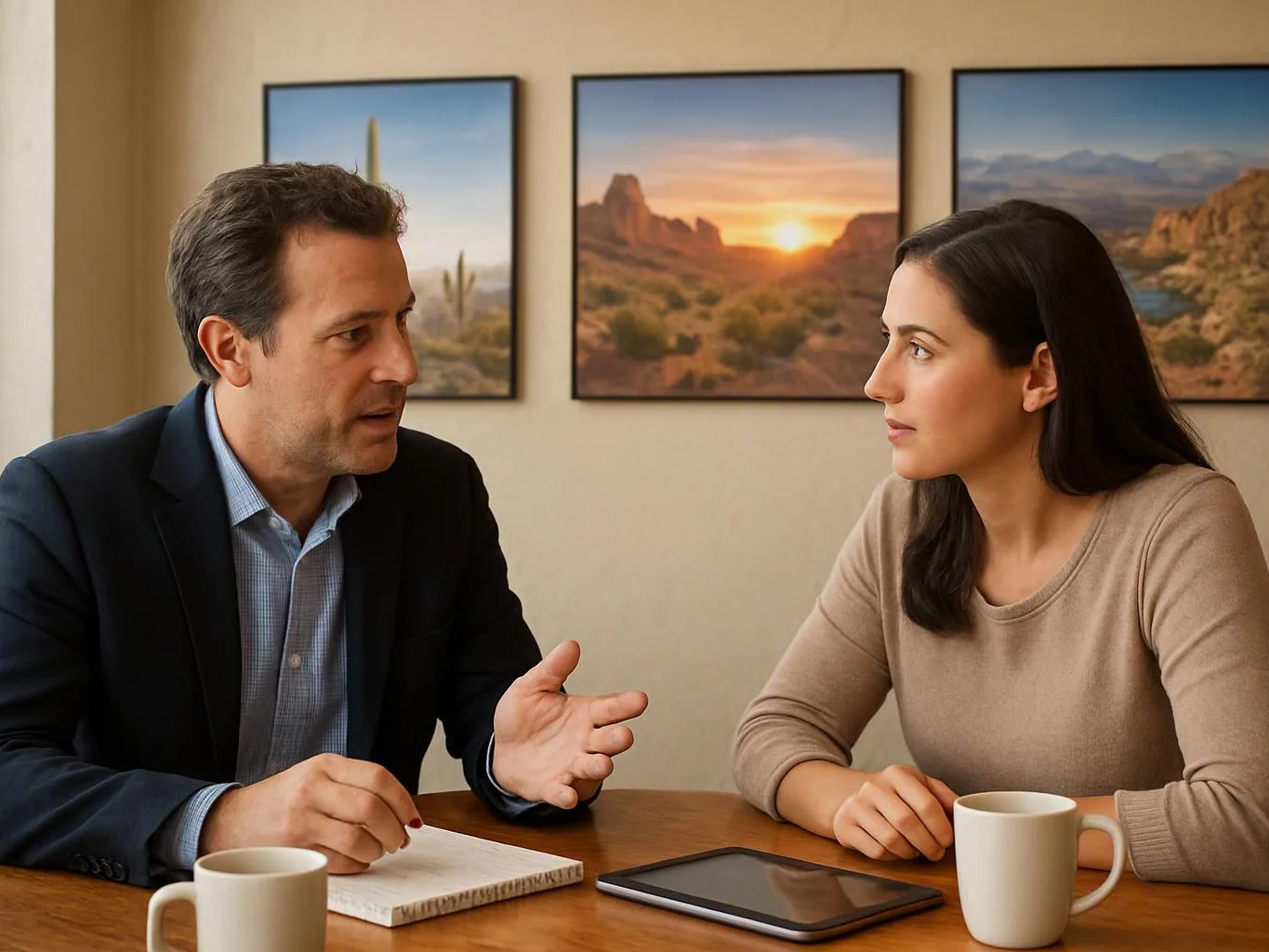 A man speaks with a woman at a table, with mugs, a tablet, and framed desert photos behind them