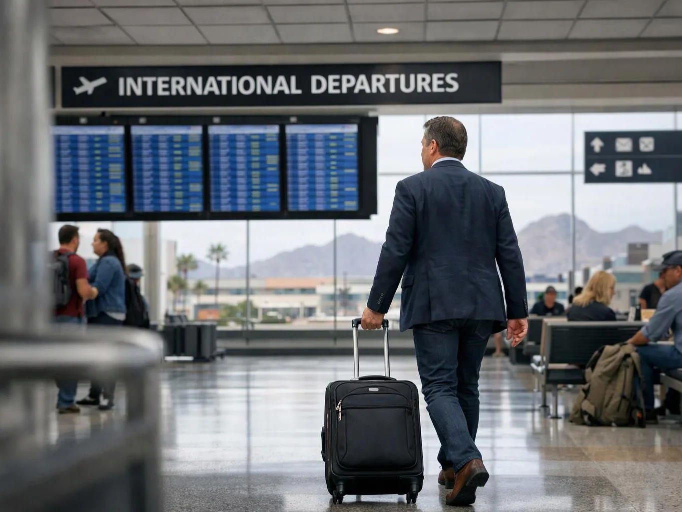 A man in a suit rolls a suitcase through an airport terminal under an INTERNATIONAL DEPARTURES sign