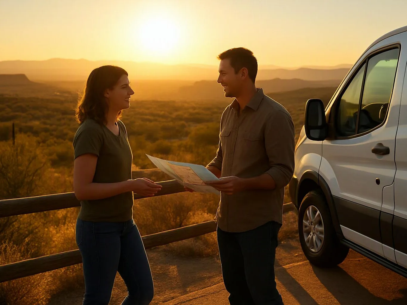 A man and woman smile beside a white van while looking at a folded map at sunset