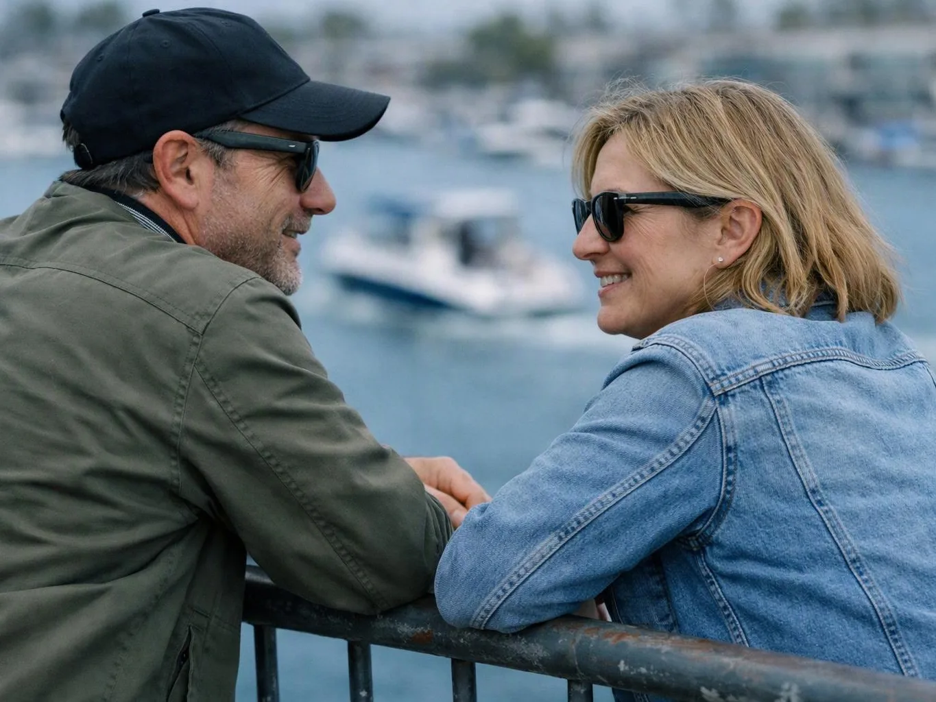 A man and woman in sunglasses smile at each other by a waterfront railing with boats blurred behind them