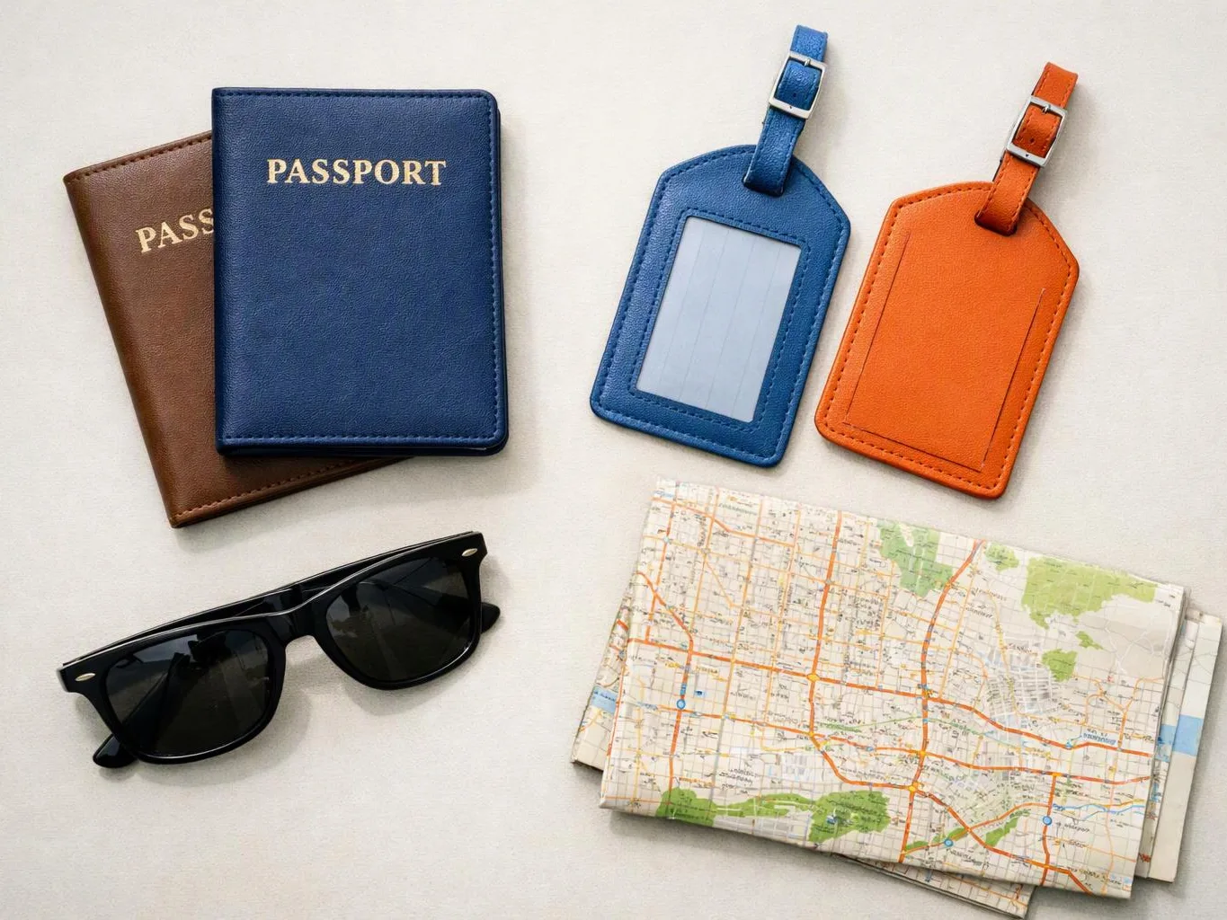 Passport covers, luggage tags, sunglasses, and a folded city map lie on a white surface
