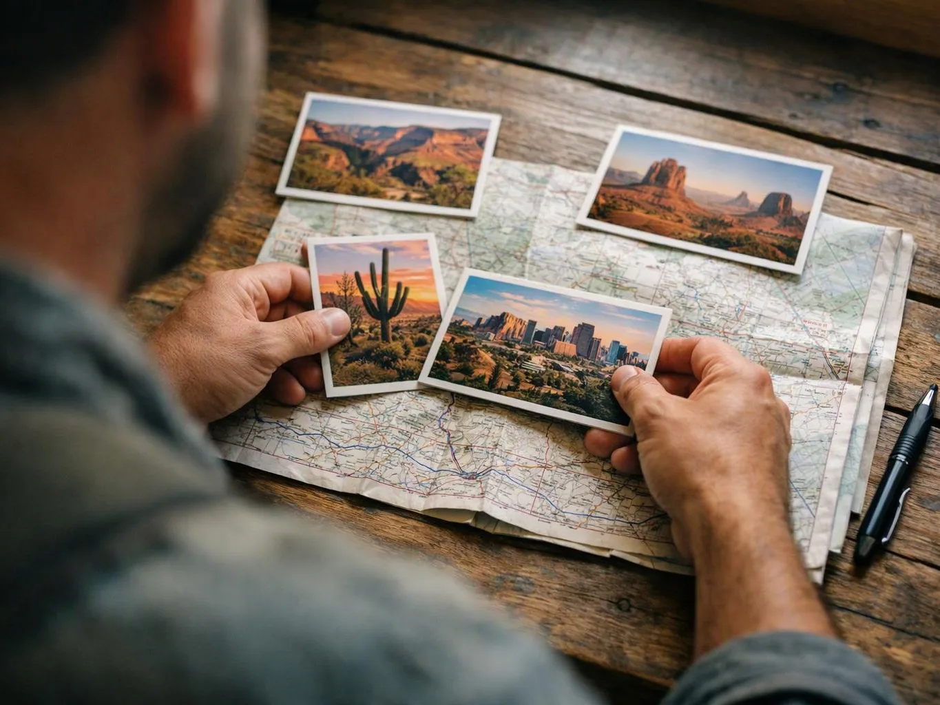 A person arranges landscape postcards on a folded map spread across a wooden table